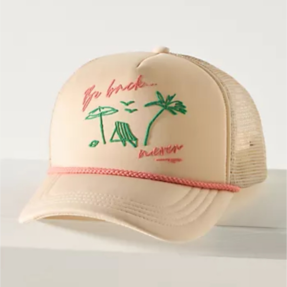 Anthropologie Coney Island Picnic Expressions Be Back Never Coastal Trucker Hat